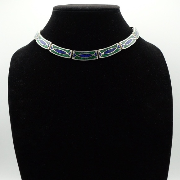 Vintage .925 Sterling Silver Choker Inlay necklace Lazuli Lapis & Malachite 90s - Picture 8 of 16